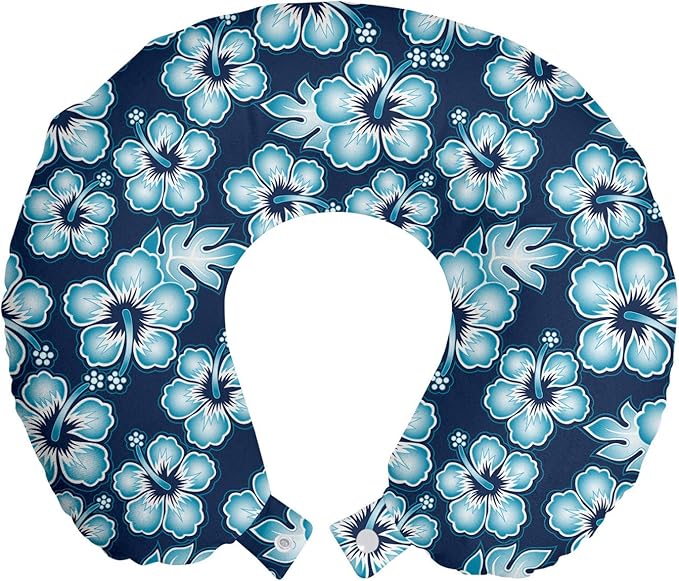 Ambesonne Aloha Travel Pillow Neck Rest, Hibiscus Hawaiian Tropical Island Flowers Petals and Buds Leaves Art Print, Memory Foam Traveling Accessory for Airplane and Car, 12", Dark Blue Sky Blue