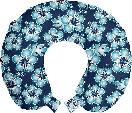 Ambesonne Aloha Travel Pillow Neck Rest, Hibiscus Hawaiian Tropical Island Flowers Petals and Buds Leaves Art Print, Memory Foam Traveling Accessory for Airplane and Car, 12", Dark Blue Sky Blue