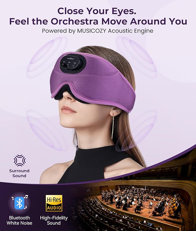 MUSICOZY 3D Bluetooth Sleep Mask with Headphones and Timer, Wireless Sleep Headphones for Side Sleepers, Eye Mask with Bluetooth Headphone, Purple