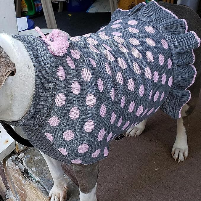 KYEESE Dog Sweater Dress with Leash Hole Turtleneck Dog Sweaters for Girl Large Dogs Polka Dot Knit Pullover Warm Pet Clothes for Fall Winter