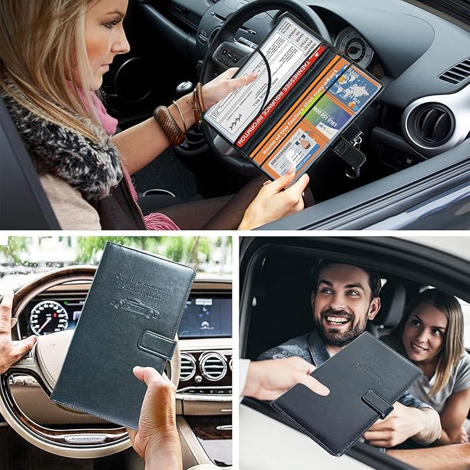 DMLuna Car Registration and Insurance Holder, Leather Vehicle Card Document Glove Box Organizer, Auto Truck Compartment Accessories for Essential Information, Driver License Cards, Black