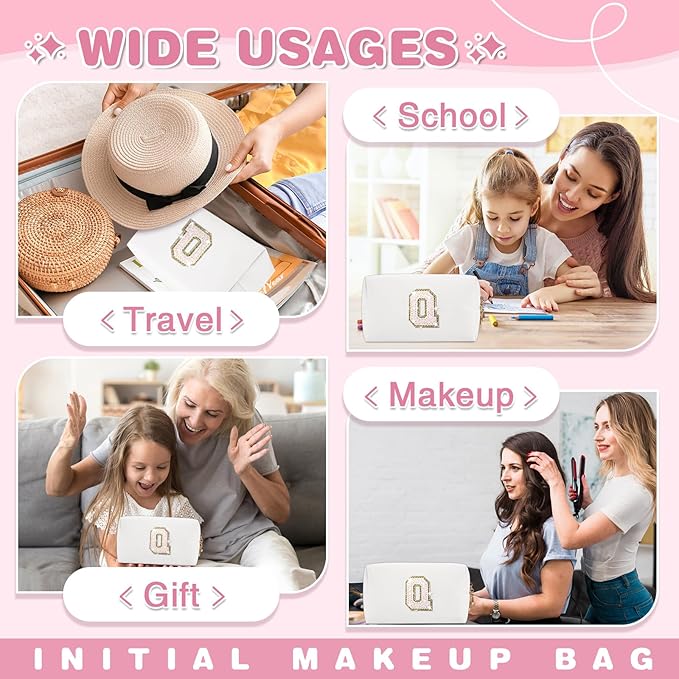 Small Initial Patch Makeup Bag Personalized Gifts Make Up Bag,White Cute PU Leather Glitter Letter Cosmetic Bag with Zipper,Trendy Portable Travel Toiletry Pouch,Preppy Stuff for Teen Girls Women Q