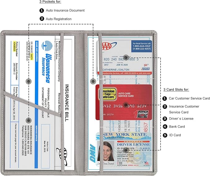 TOURSUIT Car Registration and Insurance Card Holder, Vehicle License Document Glove Box Compartment Organizer, Interior Car Accessories for Women Men Teens (Grey)