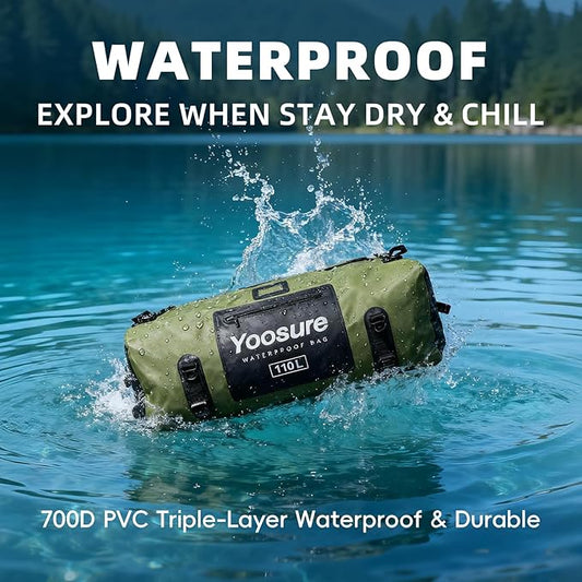 Waterproof Duffel Bag 110L - Marine Dry Bag with 700D PVC & Airtight Zipper, Extra Large Duffle Bag for Camping, Rafting, Kayaking, Boating, Car Roof Storage (Green)