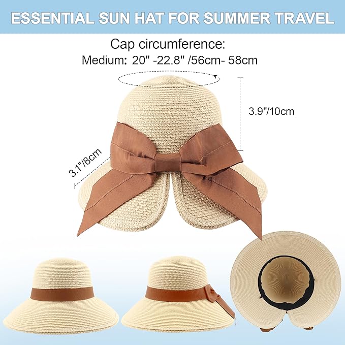 DRESHOW Sun Hats for Women Travel Fedora Foldable Beach Sun Hat Summer Wide Brim Straw Bucket Hat with Bowknot UPF 50+
