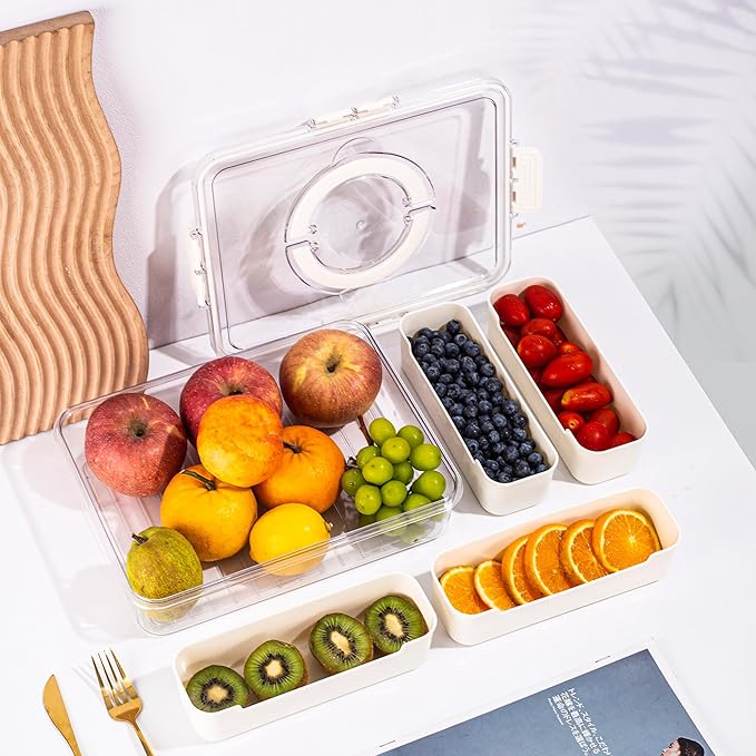 Bandesun Divided Serving Tray with Lid and Handle - Snackle Box Charcuterie Container for Portable Snack Platters - Clear Organizer for Candy, Fruits, Nuts, Snacks,4-Grid