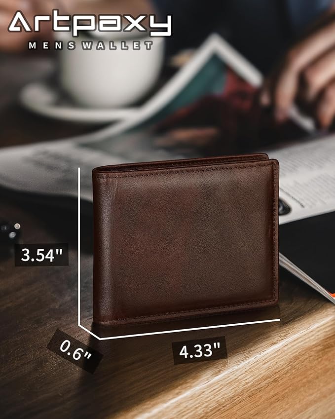 Artpaxy Mens Wallet Bifold Genuine Leather RFID Blocking Wallet for Men with 2 ID Windows 11 Card Holders 2 cash pockets 1 Gift Box