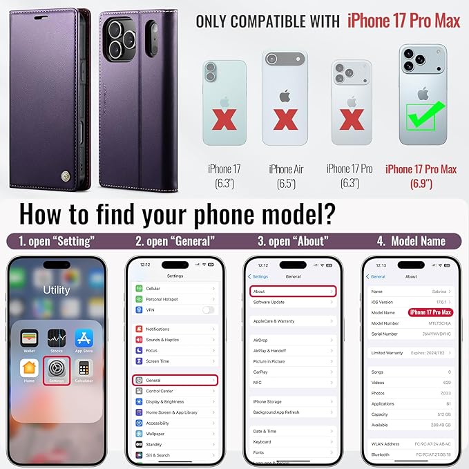 PlusnapX Wallet Case for iPhone 17 Pro Max Compatible with Magsafe, 2-in-1 PU Leather Flip RFID Blocking Card Holder Stand Shockproof Magnetic Detachable Cover for iPhone 17 Pro Max, Fashion Purple