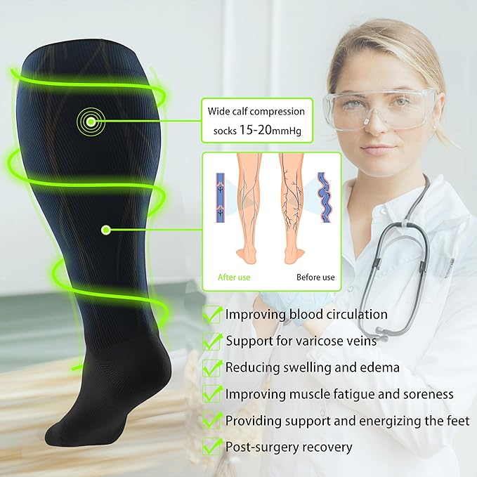 LEVSOX Wide Calf Compression Socks for Women&Men Plus Size 15-20mmHg Knee High Large Support Stockings for Circulation