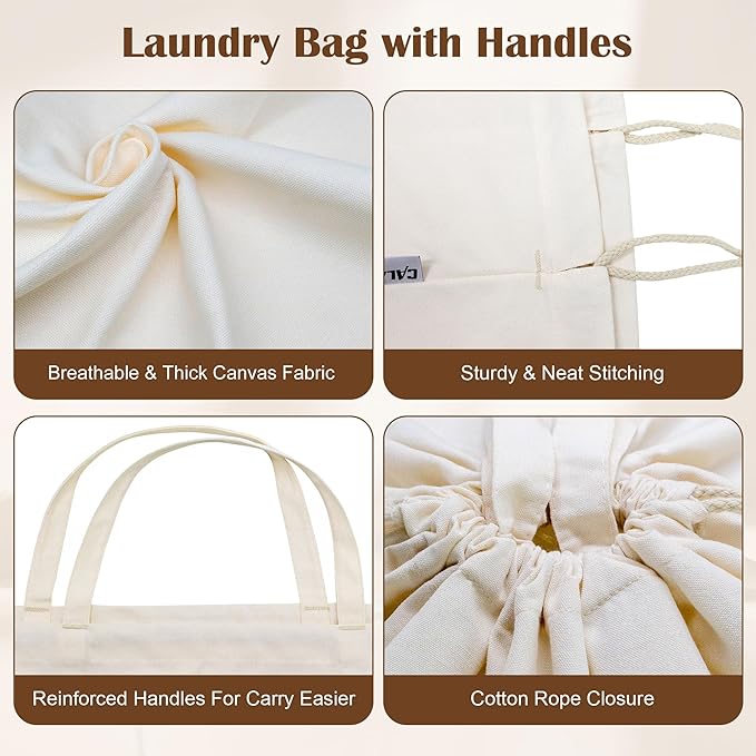 Canvas Laundry Bag with Handles & Drawstring 23.6"x35", Hanging Dirty Clothes Travel Bag, Heavy Duty Washable Laundry Sack (NOT Hamper Liner) - 2 Pack