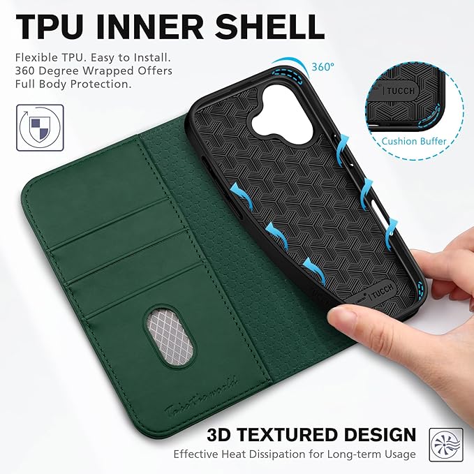 TUCCH Wallet Case for iPhone 17 (6.3") 2025, 3 Credit Card Holders, RFID Blocking, Stand, PU Leather, Shockproof TPU Interior Shell, Protective Flip Folio Cover, Midnight Green