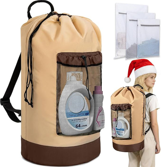 Laundry Bag Backpack with 3 Sizes Mesh Wash Bags and Shoulder Straps Foldable Clothes Hamper Bag with Drawstring Closure for College, Apartment, Laundromat (Brown)