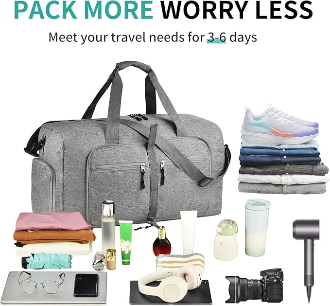 Dimayar 65L Travel Duffle Bag for Men Women - Foldable Duffel Bag with Shoes Compartment - Overnight Bags Waterproof & Tear Resistant(Gray)