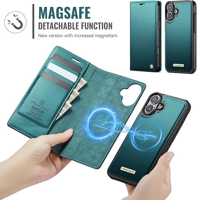 PlusnapX Wallet Case for iPhone 17 Compatible with Magsafe, 2-in-1 PU Leather Flip RFID Blocking Card Holder Stand Shockproof Magnetic Detachable Cover for iPhone 17 Case 6.3", Bluegreen