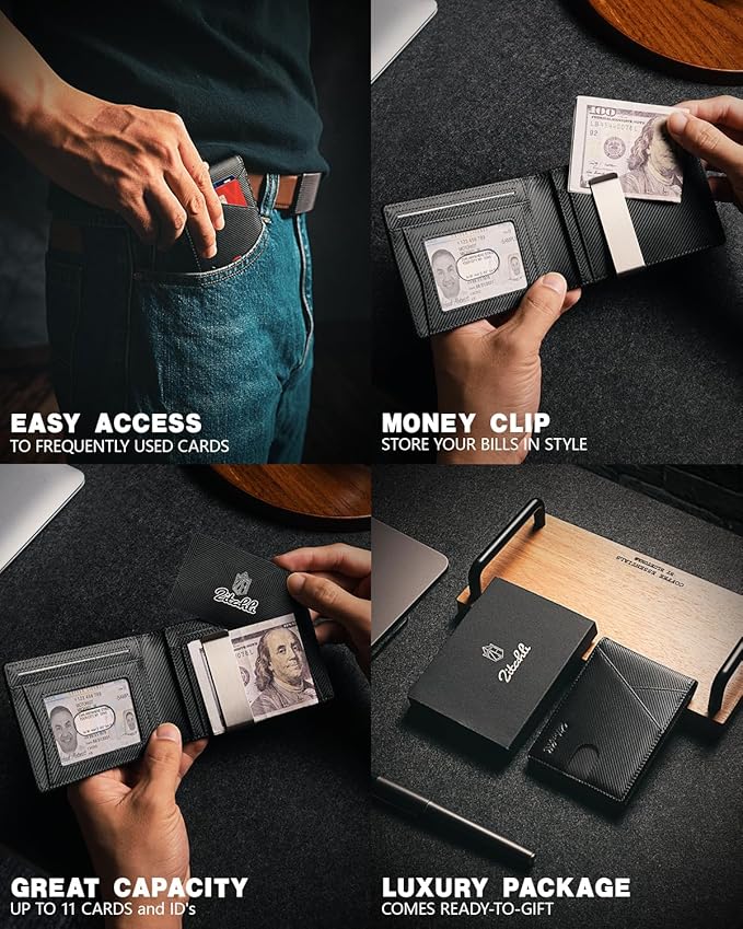 Zitahli Wallet for Men - with Money Clip Slim Leather Slots Credit Card Holder RFID Blocking Bifold Minimalist Wallets with Gift Box