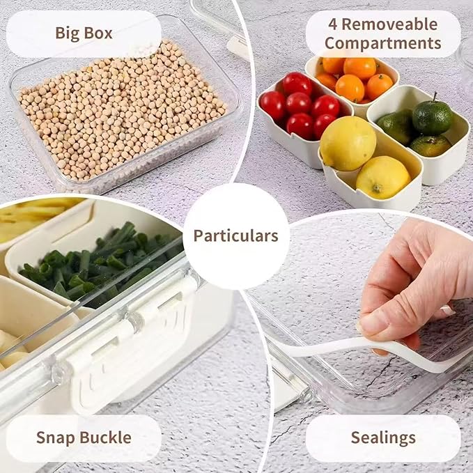 Snackle Box Container,Portable Snack Containers,SnackleBox 4 Compartments,Portable Snack Platter,Clear Organizer for Fruits Snacks Trays,Nuts Candy Trays and Spice Organizer