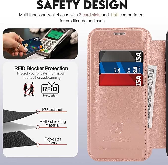 CIVICASE for iPhone Air Wallet Case with Stand,PU Leather Flip Credit Card Holder Slots (RFID Blocking),Compatible with Magsafe Magnetic Holder Phone Cover Women Men,Rose Gold