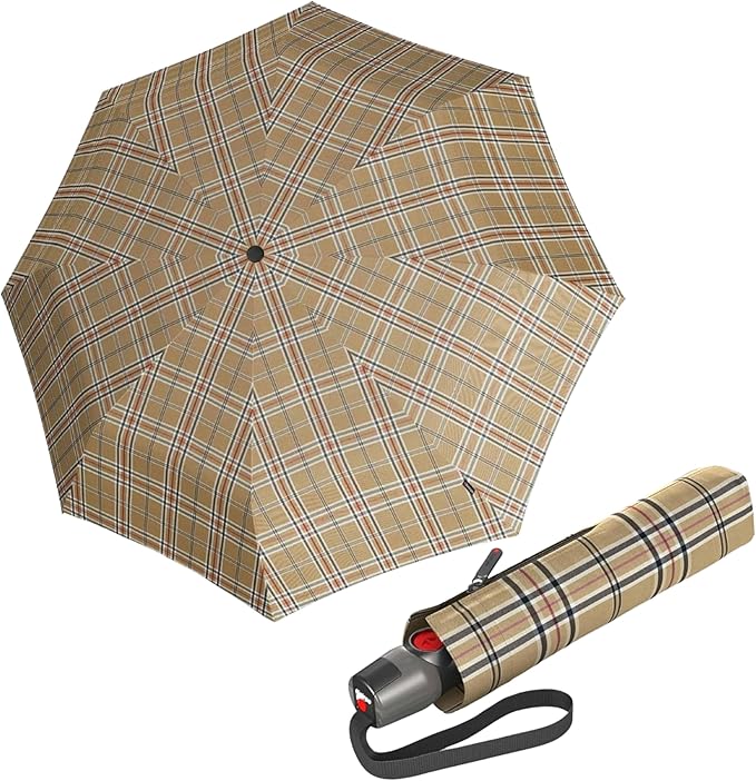 Knirps T.200 Duomatic Compact Rain Umbrella in Check Beige– Wind Tunnel Tested to 93 mph, Aluminum Steel Fiberglass Frame, 38in Canopy, OEKO-TEX, High-Performance Automatic Travel Umbrellas