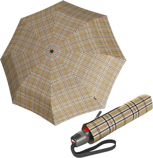 Knirps T.200 Duomatic Compact Rain Umbrella in Check Beige– Wind Tunnel Tested to 93 mph, Aluminum Steel Fiberglass Frame, 38in Canopy, OEKO-TEX, High-Performance Automatic Travel Umbrellas