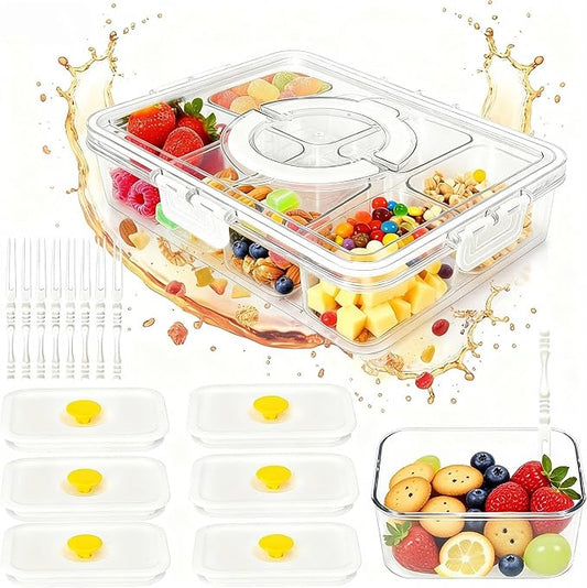 Premium Leak-Proof Snackle Box Container with 8 Clear Compartments & 6 Airtight Lids | Portable Clear Snack Tray with Lid & Handle | Divided Serving Tray for Fruits, Snacks, Sauces, Veggie & More
