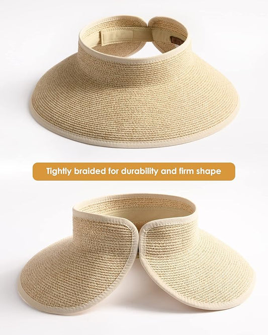 FURTALK Sun Hats for Women Wide Brim Beach Hat Straw Visor Ponytail Summer UV Packable Foldable Beach Vacation Essentials