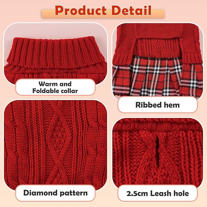 YUDODO 2 Pack Small Dog Sweater Dress with Bowtie Turtleneck - Knitted Pet Girl Dog Winter Clothes - Pet Warm Sweater for Puppy Yorkies, Chihuahua (M Red+Grey)