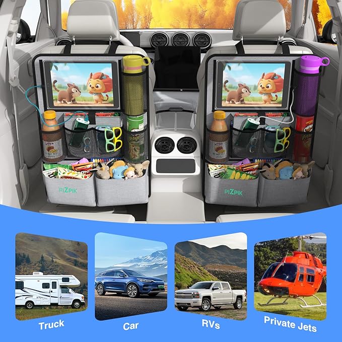 Car Backseat Organizer with Tablet Holder,11 Storage Pockets with Foldable Food Tray, Protector Kick Mats for Kids, Travel Accessories Organizer (Gray, 2Pack)