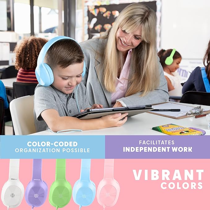 Classroom Headphones-Bulk 10-Pack, Student On Ear Comfy Swivel Earphones for Library, School, Airplane, Kids-for Online Learning and Travel, HQ Stereo Sound 3.5mm Jack (Mixed Colors)