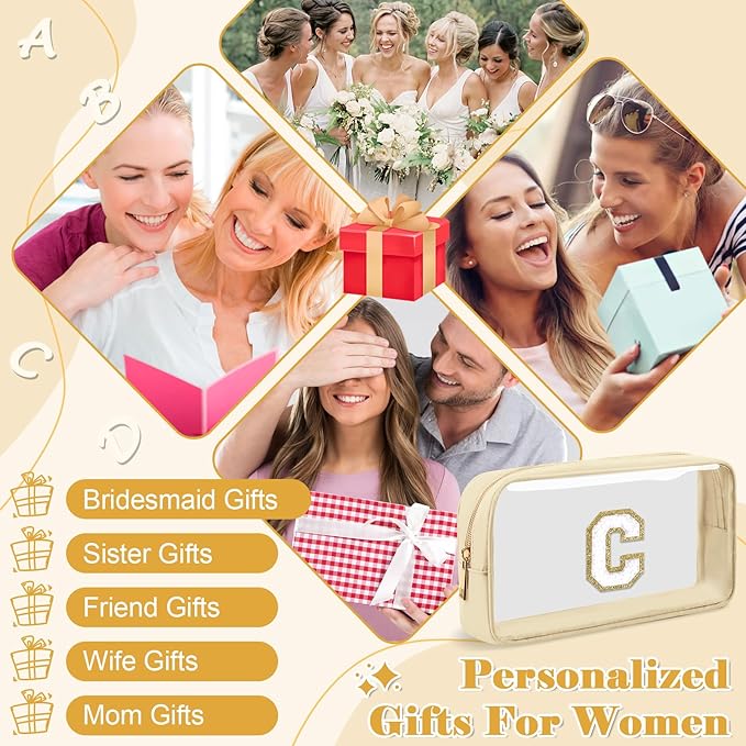 Personalized Initial Letter Clear Makeup Bag,Preppy Small Nylon&PVC Cosmetic Zipper Bag with Chenille Letter,Portable Beach Travel Skincare Toiletry Bag,Trendy Monogram Gift for Teen Girls Women,C