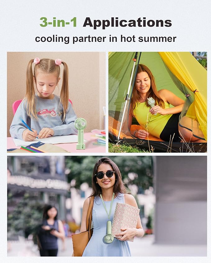 Coohea Mini Handheld Fan, Small Cute Design, 3 Powerful Speeds, USB Rechargeable Battery Operated, Portable Personal Fan with Base & Lanyard, for Eyelash Makeup Travel Beach Office Desk, Green