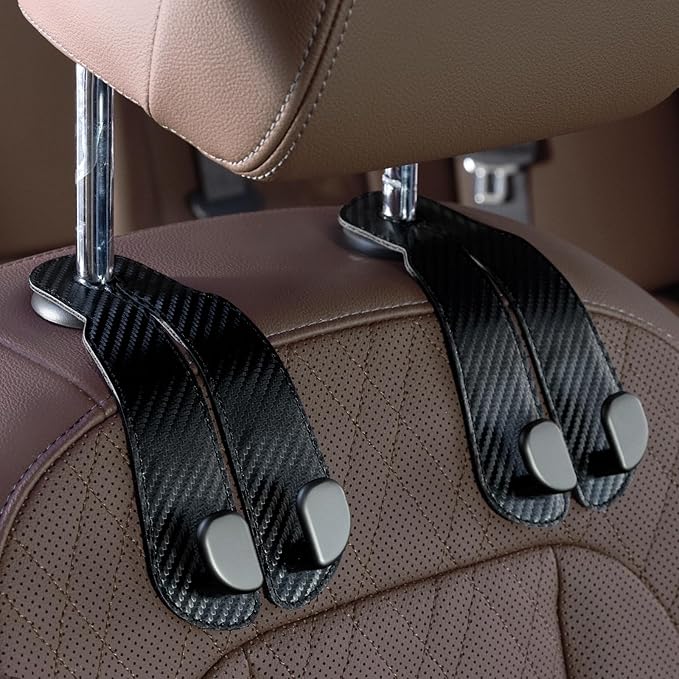 CoBak Headrest Hooks for Car - Universal Premium Stitched Leather and Aluminum-Magnesium Alloy Double Car Seat Back Storage Hook for Purses, Handbags, Bags (2 Pack),Black Carbon Fiber