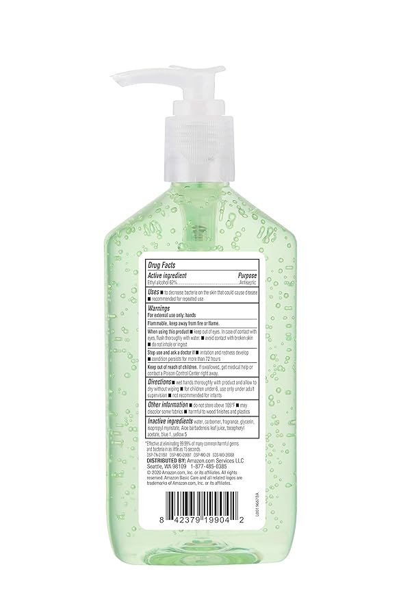 Amazon Basic Care Hand Sanitizer with Aloe Vera, 62% Ethyl Alcohol, Vitamin E Enriched, 12 fl oz, Pack of 6