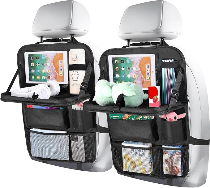 Backseat Car Organizer with Touch Screen Tablet Holder, Storage Pockets, Foldable Food Tray, Kick Mats Back Seat Protector, Travel Accessories for Kids and Adults (Upgraded Rear Organizer-2pcs)
