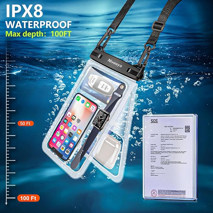 Niveaya [Up to 10.5"]Waterproof Phone Pouch - 2 Pack, Waterproof Phone Lanyard Case with iPhone 16/15/14/13/12 Pro Max up to 9.5", Phone Dry Bags for Vacation Beach Pool Kayak Cruise Travel Essentials