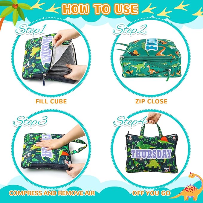 Paterr 7 Pcs Days of Week Packing Cubes Compression Packing Cubes for Kids Summer Camp Travel Daily Outfit Suitcase Organizers Zippered Storage Bag for Cruise Vacation Essentials (Dinosaur)