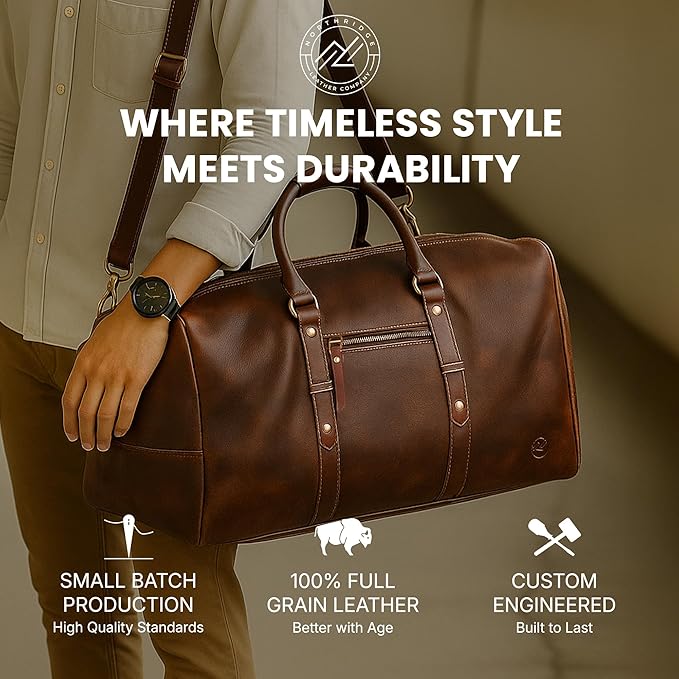 Premium Full-Grain Leather Duffle Bag for Men & Women | 20-Inch Handcrafted TSA Approved Carry-On Weekender Travel Bag with Multiple Pockets & Compartments by Northridge Leather (Antique Brown)