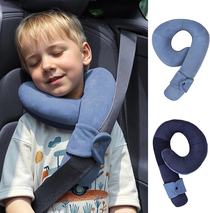 Kids Travel Neck Pillow, Comfortable Head & Chin Support for Car seat & Airplane, Toddler Pillow for Sleeping on Road Trip, Gifts for Child (Light Blue & Dark Blue)