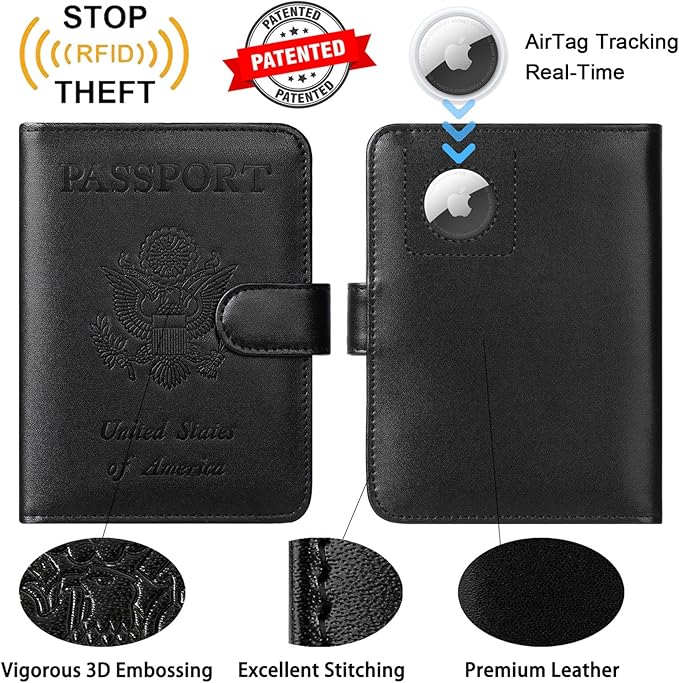 Airtag Passport Holder Cover Wallet RFID Blocking Leather Case Travel Essentials Luggage Accessories Travel Must Have(118#Black)