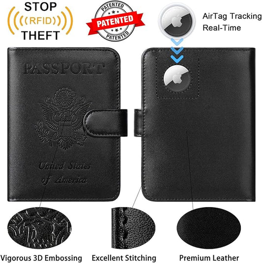 Airtag Passport Holder Cover Wallet RFID Blocking Leather Case Travel Essentials Luggage Accessories Travel Must Have(118#Black)