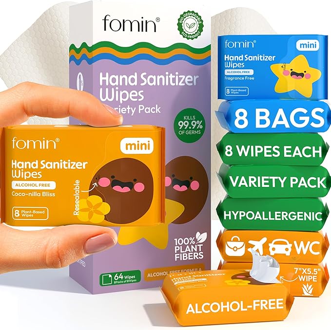 Fomin Mini Hand Sanitizer Wipes 8 Pack (8 Count) - Variety Pack Mini Wet Wipe - pH Balanced, Biodegradable, Antibacterial On The Go Hand Sanitizing Wipes - Hypoallergenic, Plant-Based Travel Wipe