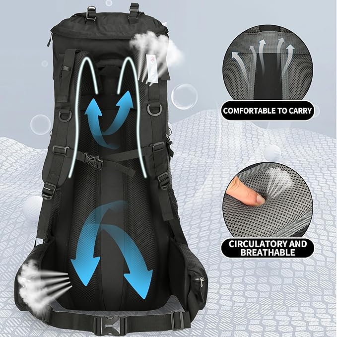 75L Hiking Backpack with Rain Cover Waterproof Camping Backpack Shoes Warehouse for Men Women, Frameless