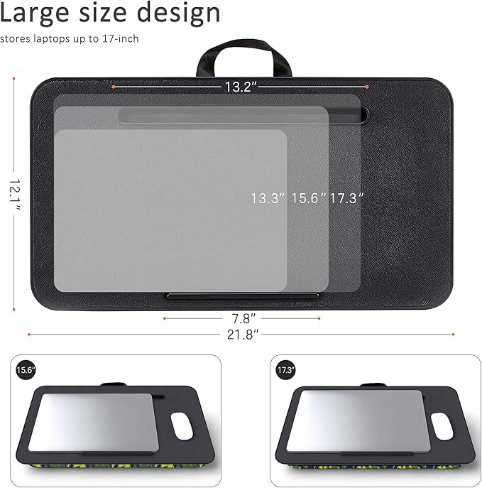 Millhome Lap Desk | Portable Laptop Desk – Fits Up to 17.3" Laptops – Detachable & Washable Cushion, Phone Holder, Device Ledge – for Writing, Working, Reading on Bed, Couch, Sofa, Floor – Green Palm
