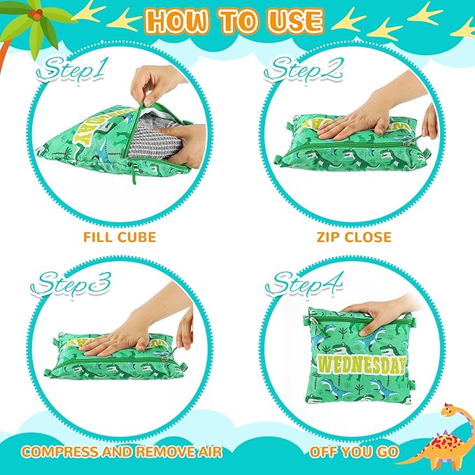 Paterr 7 Pcs Packing Cubes for Travel Kids Day of Week Compression Packing Bags Colorful Luggage Suitcase Organizers Bag for Travel (Dinosaur)