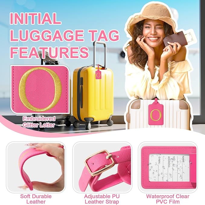 Personalized Initial Rose Red Leather Cute Luggage Tags with Privacy Cover Name Card, Embroidered Custom Monogram Travel Backpack Tag Gifts for Women Kids