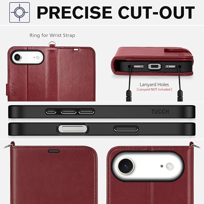 TUCCH Case Wallet for iPhone Air (6.5-Inch) 2025, Wrist Strap | Stand | RFID Blocking | 4 Card Holders | TPU Shockproof Inner Shell | PU Leather | Magnetic Folio Cover | Dark Red