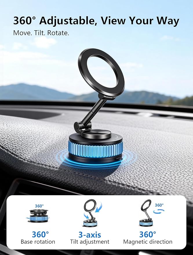 Magnetic Phone Holder car，Metal Body Durable and Solid,Vacuum Suction Cup Phone Holder, Magsafe Car Mount for iPhone, Folding Holder for iPhone and Android