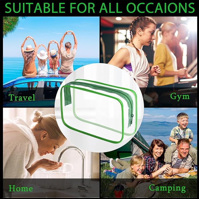 16 Pieces Clear Makeup Bag PVC Zippered Clear Toiletry Carry Pouch Portable Cosmetics Bag Waterproof Makeup Bag Vinyl Plastic Organizer Case for Travel Vacation Bathroom (Green-M)