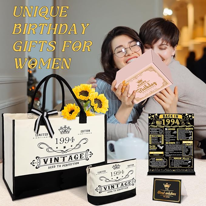 YeohJoy 31st Birthday Gifts for Her Canvas Tote Bag Travel Gear, Unique 31 Years Old Birthday Gifts for Girlfriend Sister Friends Women, Vintage 1994 Handbag & Cosmetic Bag & Back in 1994 Poster