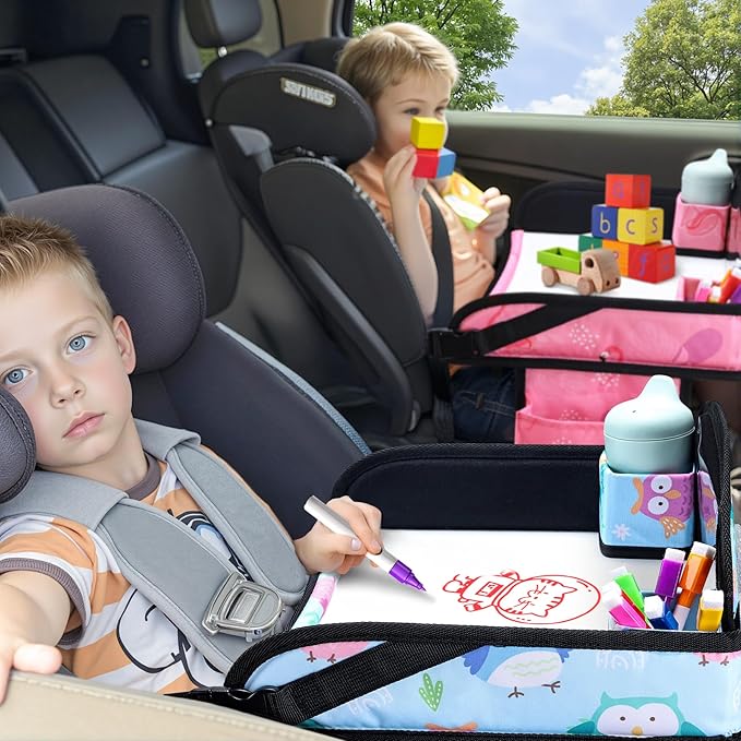WENRENER 2PCS Kids Travel Tray, Car Seat Tray for kids Travel, Toddler Road Trip Essentials With Drawing Kit, Toddler Lap Desk Organizer for Car, Carseat Table for Airplane