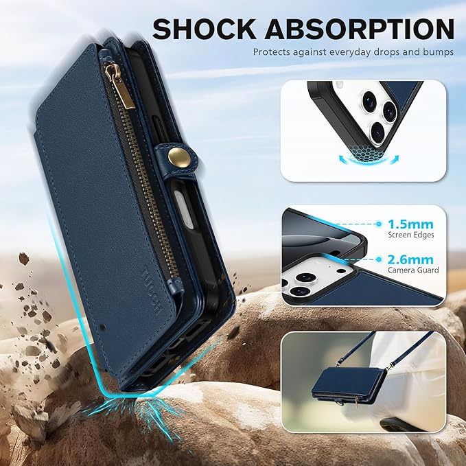 TUCCH Crossbody Detachable Wallet Case for iPhone 17 Pro 6.3" 2025, 9 Card Holders RFID Blocking, Wireless Charging, Stand, Wrist Strap, Lanyard, Zipper Pocket, PU Leather Shockproof Cover, Dark Blue